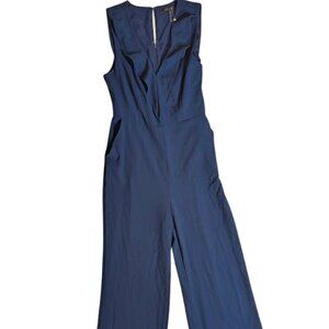 BCBGMAXAZRIA Navy Blue Ruffle V-neck Wide Leg Jumpsuit Jumper Pocket Womens Sz 8